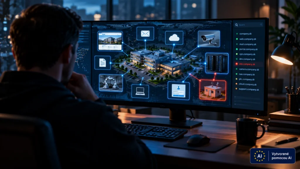 Vonkajší pohľad na digitálne prostredie firmy vrátane webových stránok, prihlasovacích portálov, cloudových služieb, vzdialených prístupov a zabudnutého systému dostupného z internetu.